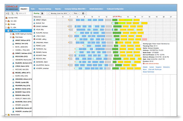 Screenshot of Oracle Field Service Clouds Dispatch Interface