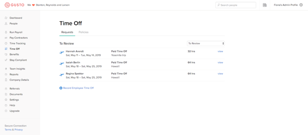 Gusto Time Off Requests