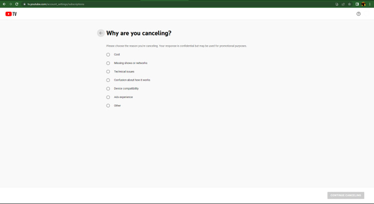 Providing reason for cancelling YouTube TV subscription