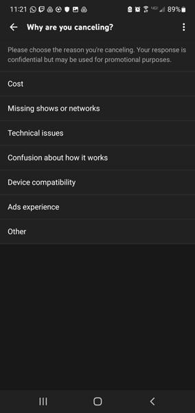Choose a reason for why you're canceling the subscription