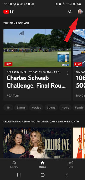 Click Avatar on Android YT TV app