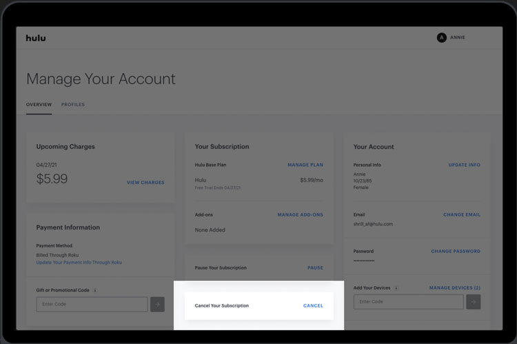 Hulu Cancel on Desktop