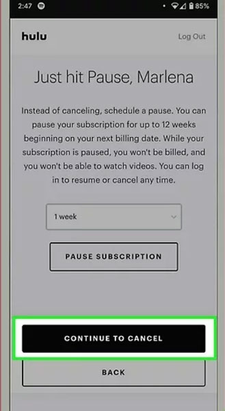 Hulu Ignore Pause Continue to Cancel