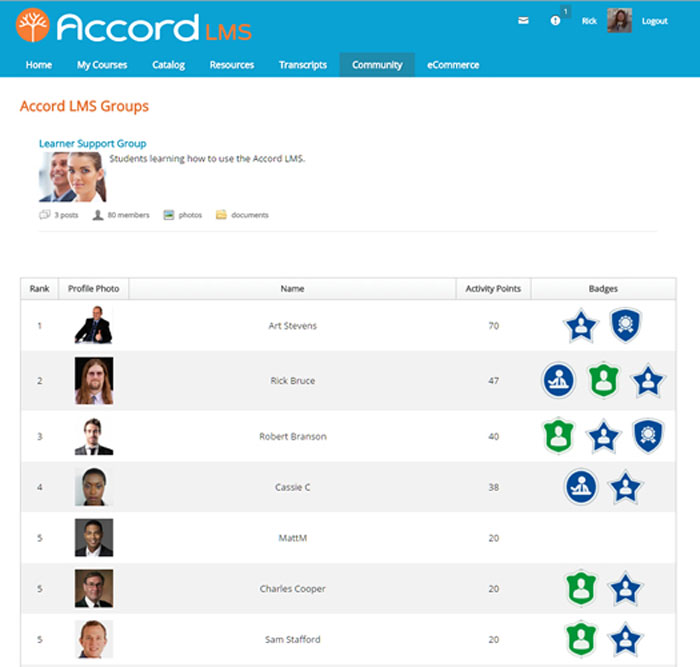 Accord LMS leaderboard with user rankings, points, and badges.