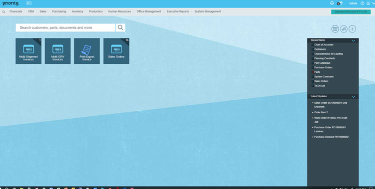 Priortiy ERP Homescreen