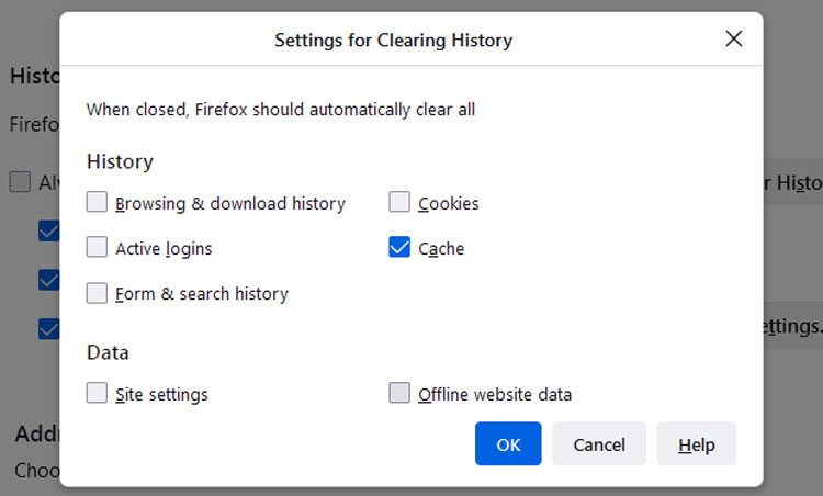 Settings for Clearing Browsing History in FireFox