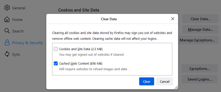 Clear Cookies and Site Data in FireFox