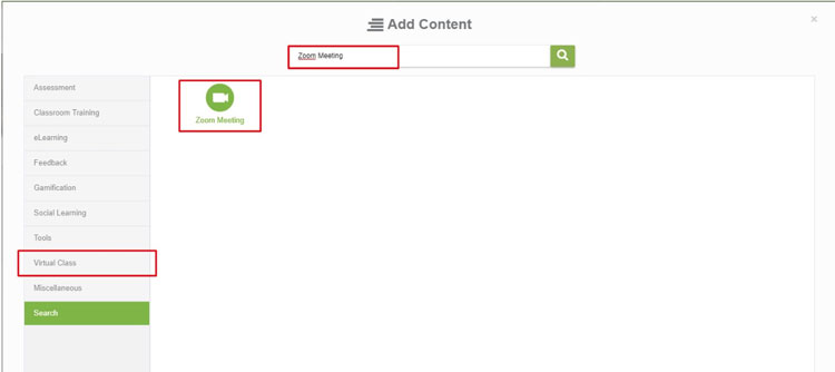 Add content page with Zoom Meeting option for virtual classes in Paradiso