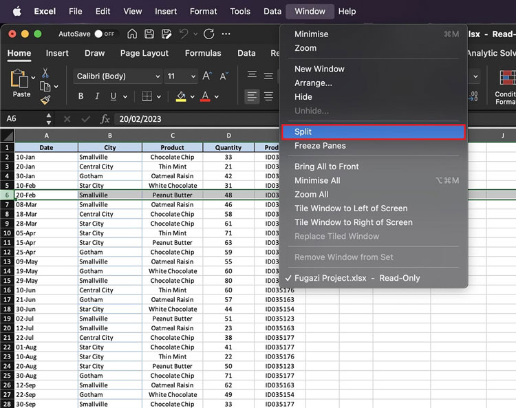 Excel Split Option in MacOS