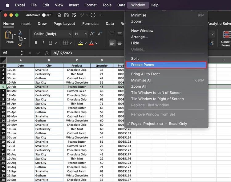 Excel Window Drop-down Menu in MacOS