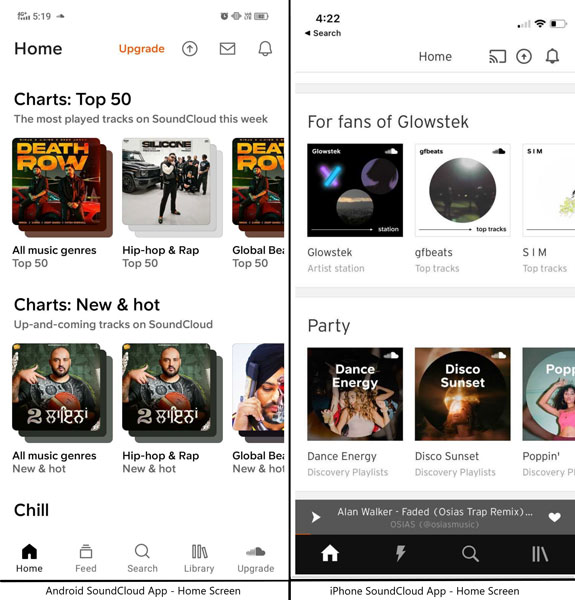 SoundCloud App Home Screen on Android and iOS Devices