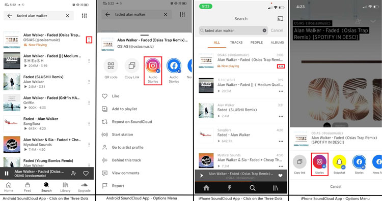 Select Instagram Audio Stories from the Options Menu in SoundCloud App