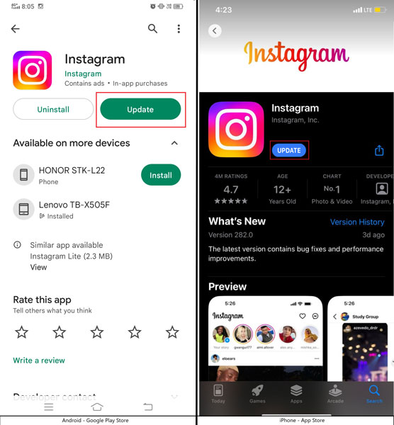 Updating Instagram App on Android or iOS Devices