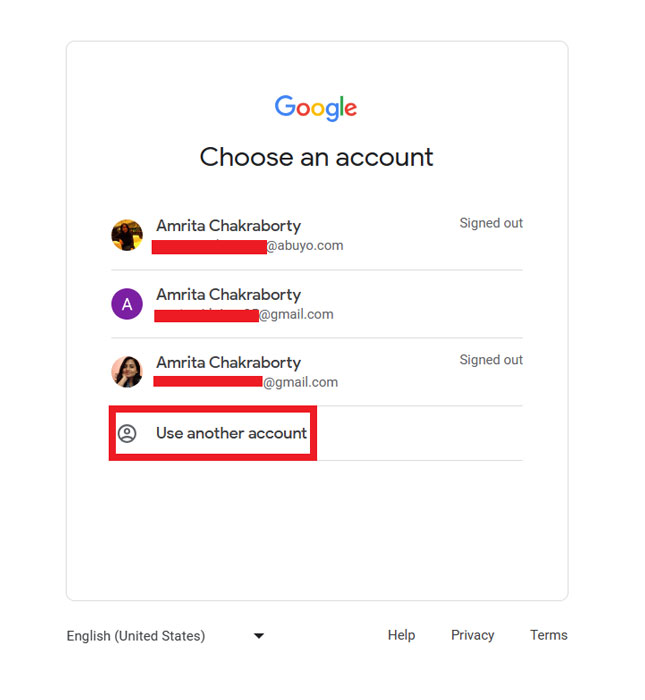 Use another Account Option in Google Account Login Page