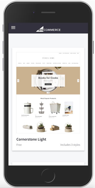 Mobile preview of a BigCommerce storefront template featuring products