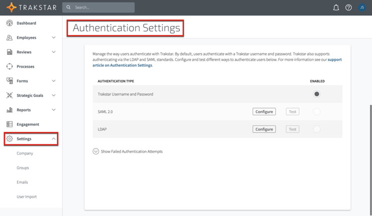 Trakstar Authentication Settings