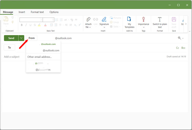 Outlook new message window with recipient, subject line, and formatting options