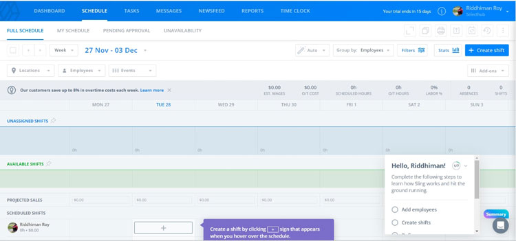 Shiftbase shift scheduling dashboard with unassigned and available shifts