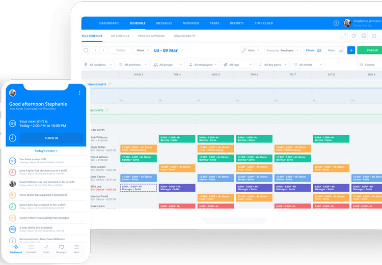 Sling employee scheduling dashboard and mobile view with shift details