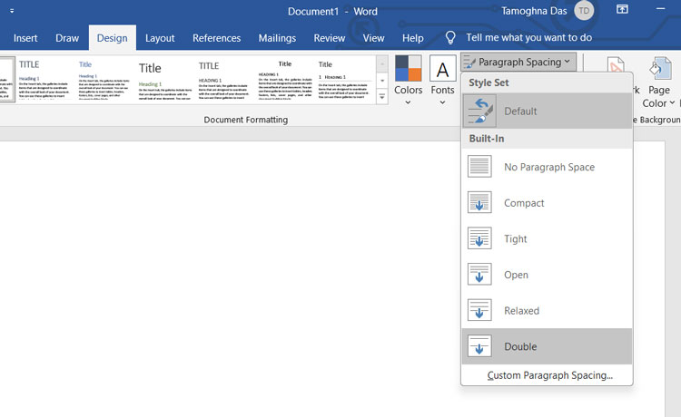 Paragraph Spacing Options in Document Formatting Group Under Design Tab in MS Word