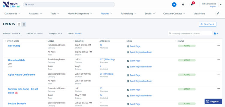 NeonOne Events Management Dashboard