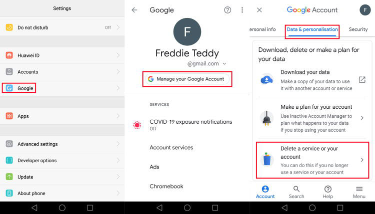 Google Account Data and Personalization Tab on Android