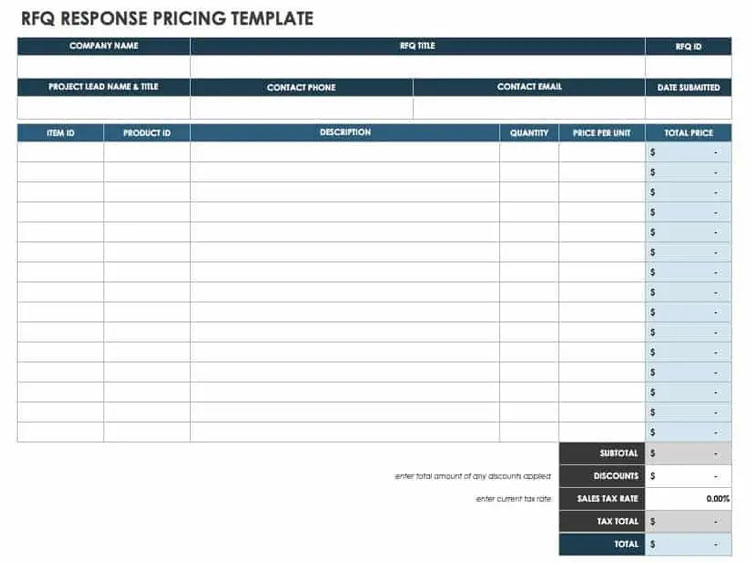 RFQ Response Pricing Template