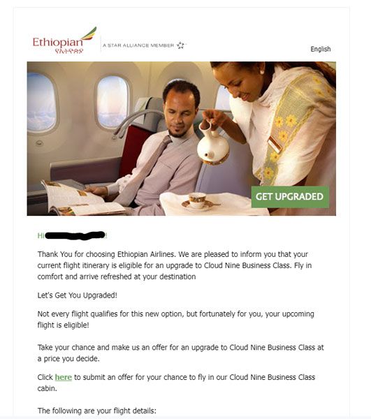 Airlines Upselling Email