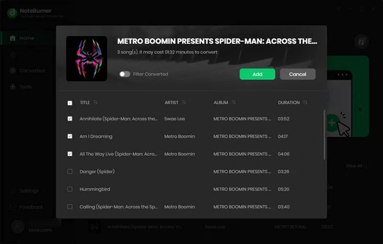 Selecting Tracks to Download in NoteBurner