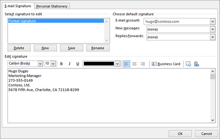 Outlook Classic Email Signature Dialog Box