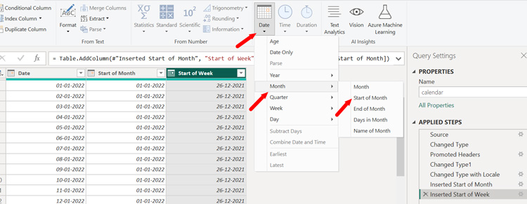 Power BI interface showing date column transformations