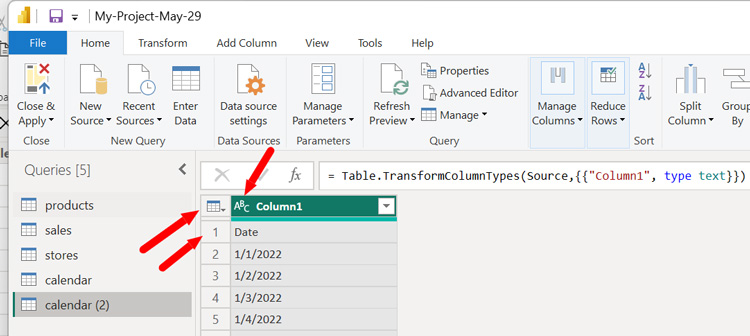 Power BI interface displaying data queries