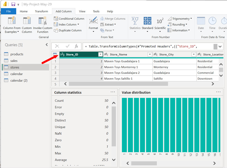 Power BI interface displaying data statistics for the stores query