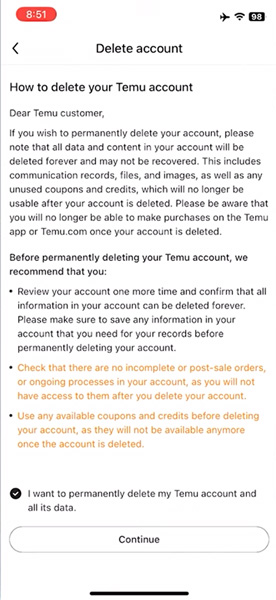 Temu account deletion confirmation message