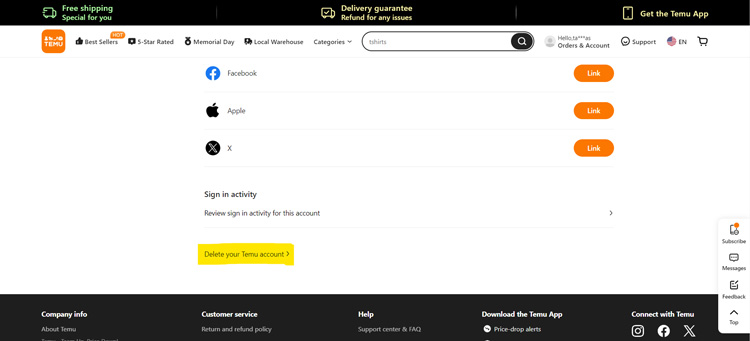 Temu desktop account settings page with social sign-in options and account deletion