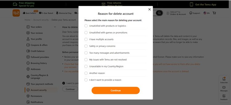 Reason for Temu account deletion