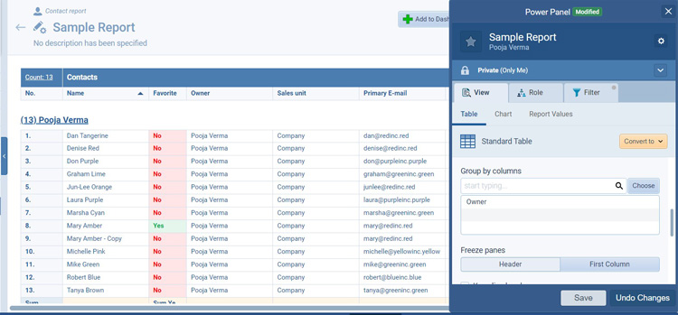 Sample report interface in Pipeliner CRM displaying contact data