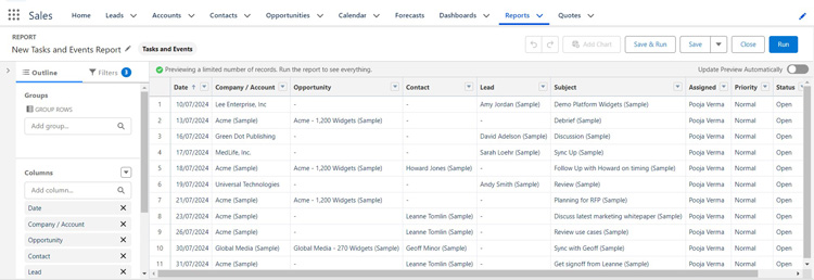 Salesforce CRM showing tasks and events data