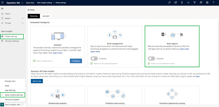 Dynamics 365 Sales Insights settings page showing AI setup options