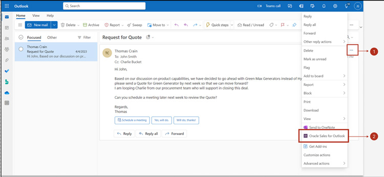 Outlook email interface with Oracle Sales for Outlook integration option