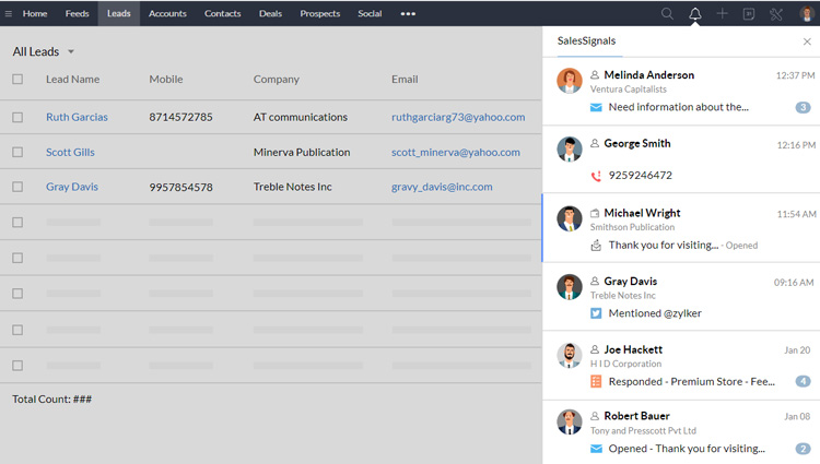 CRM dashboard showing leads list with their corresponding email address and recent SalesSignals notifications