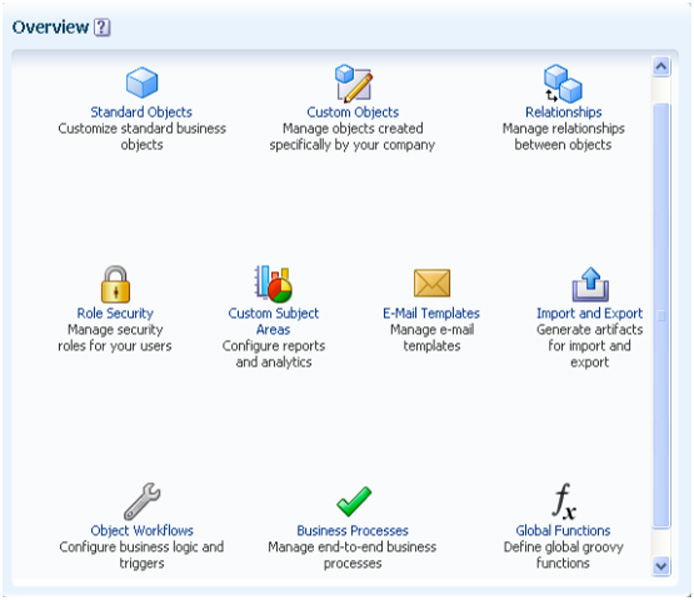 Oracle Fusion Cloud CRM Overview screen displaying configuration options for business processes