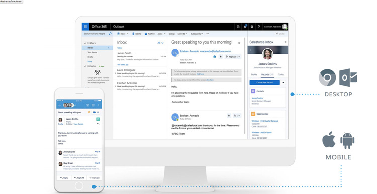 Outlook email client on desktop and mobile, integrated with Salesforce