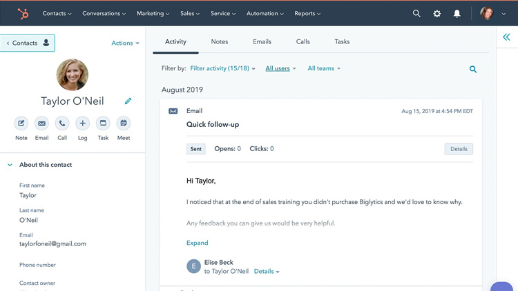 HubSpot contact profile with email follow-up activity log