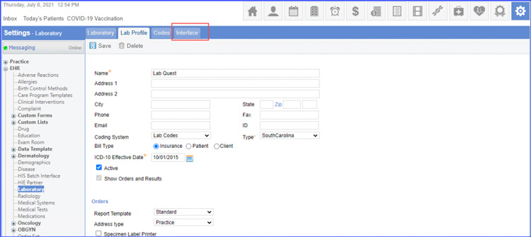 CureMD interface for laboratory configuration and coding system details