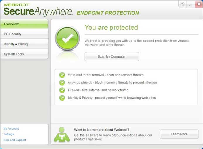 Webroot Endpoint Protection User Interface