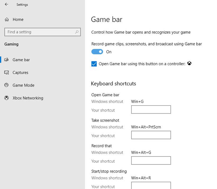 Windows Game Bar Settings