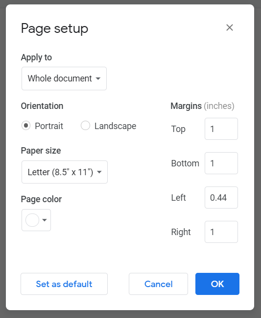 Page Setup Dialog Box