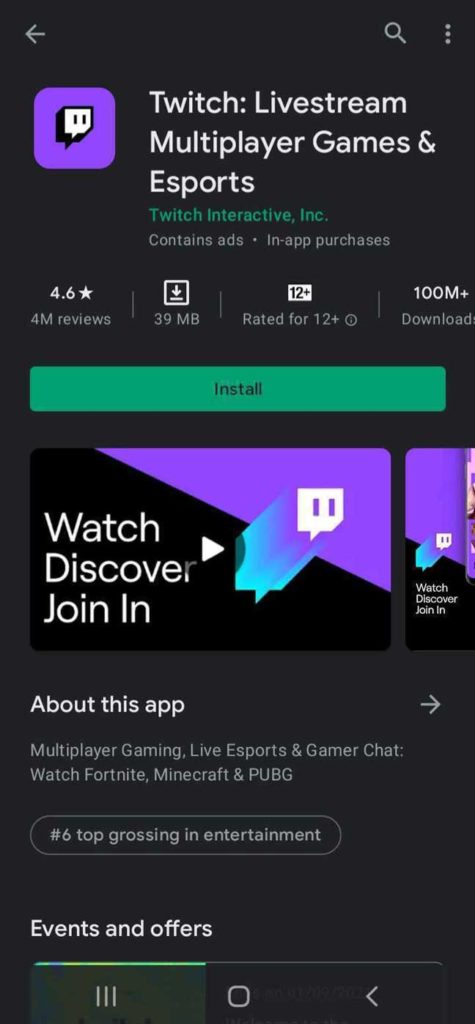 Downloading and installing Twitch on your Android device from Google Play Store