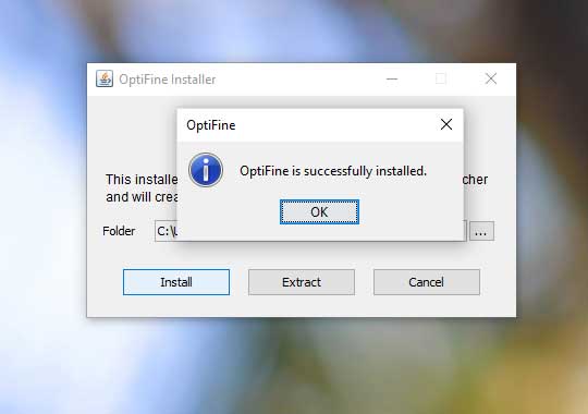 OptiFine installation success message